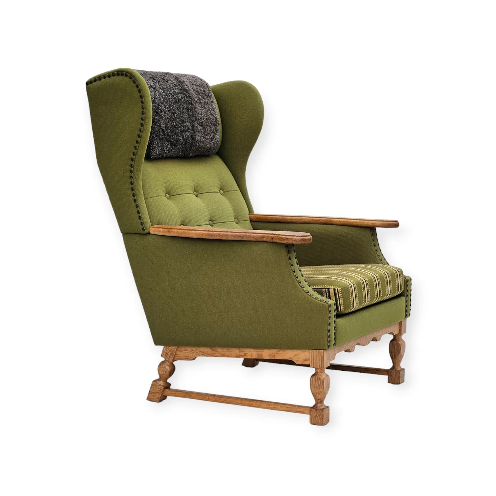 1970s, Danish Highback Armchair, Wool, Oak, Original Very Good Condition.