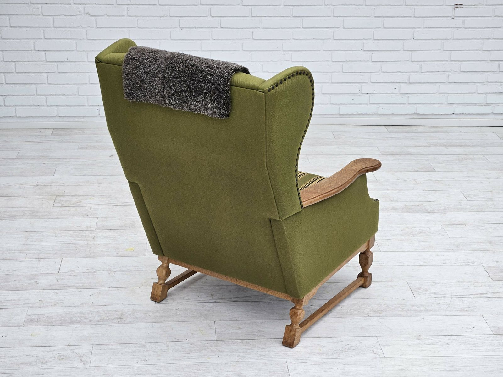 1970s, Danish Highback Armchair, Wool, Oak, Original Very Good Condition. photo furniture