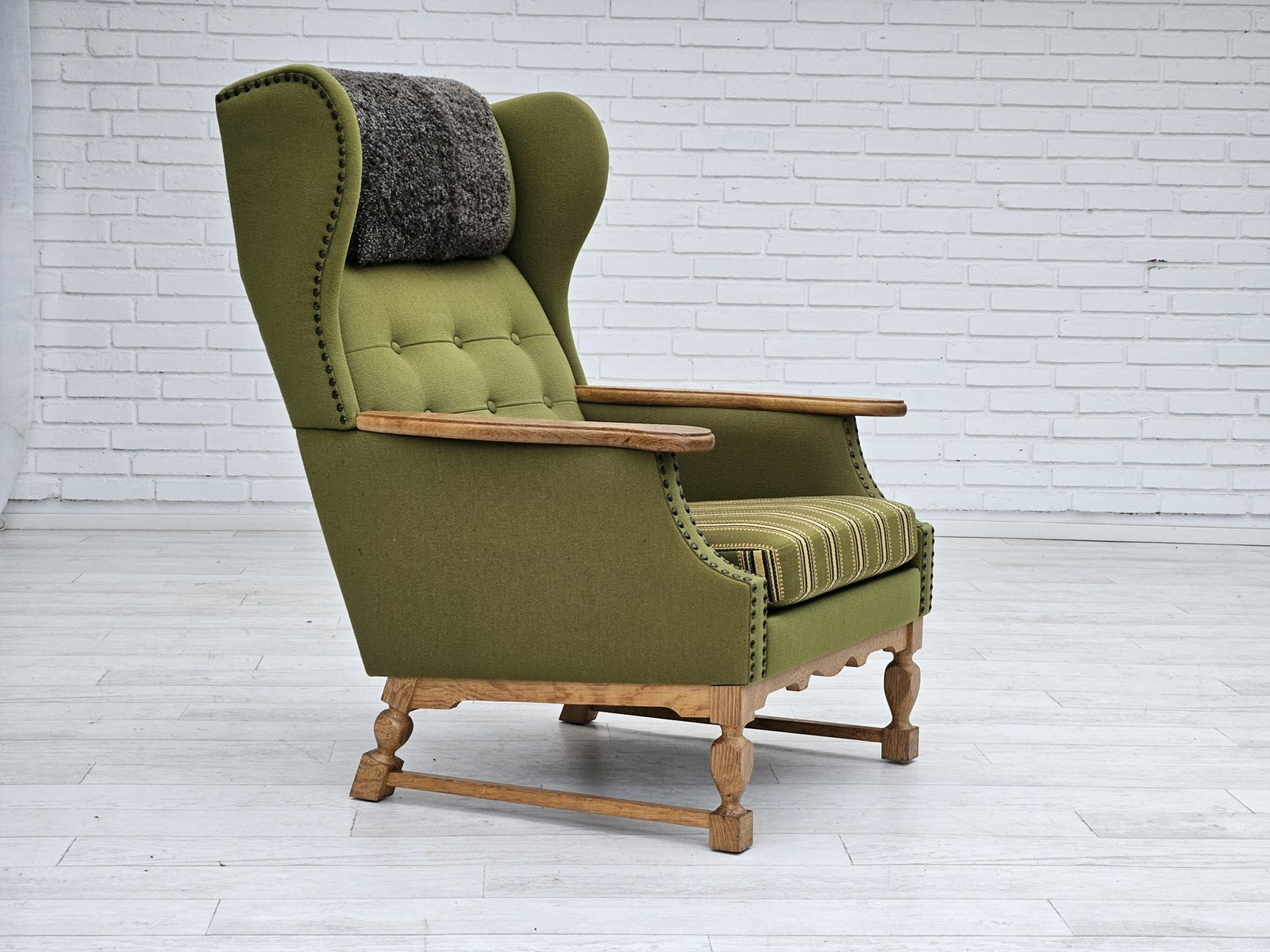 1970s, Danish Highback Armchair, Wool, Oak, Original Very Good Condition. photo Furniture