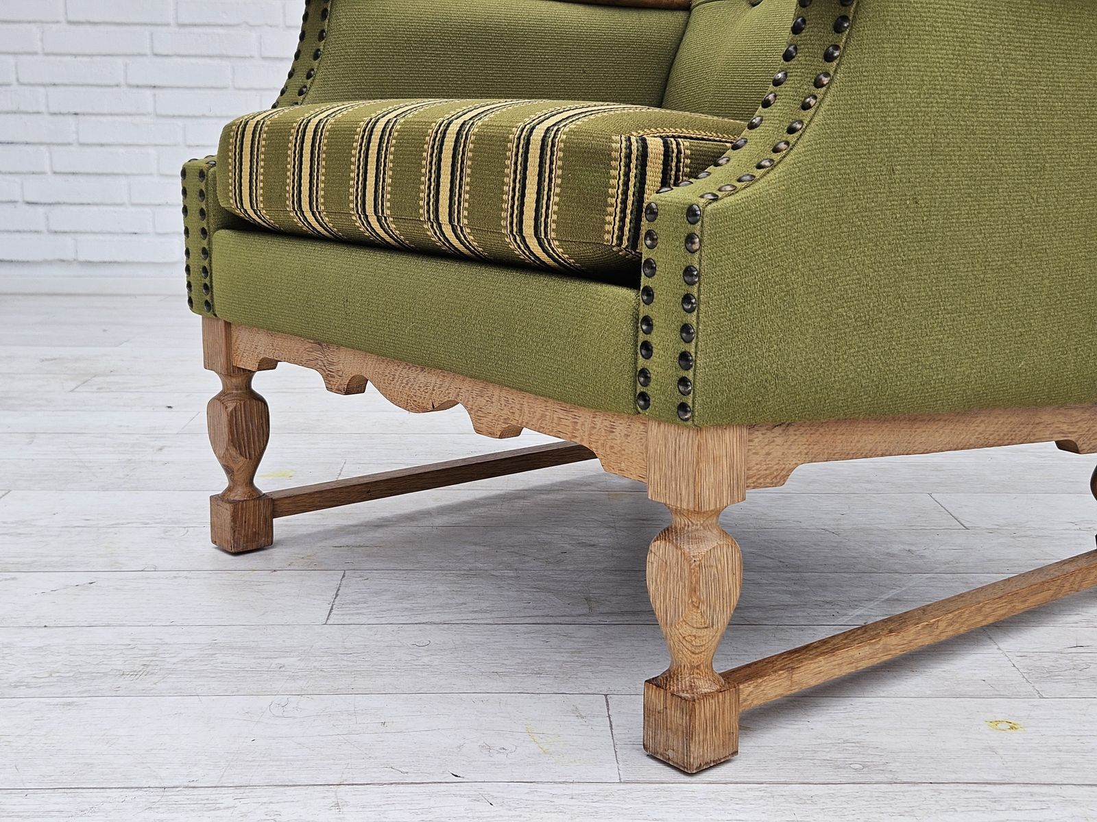 photo for sale 1970s, Danish Highback Armchair, Wool, Oak, Original Very Good Condition.