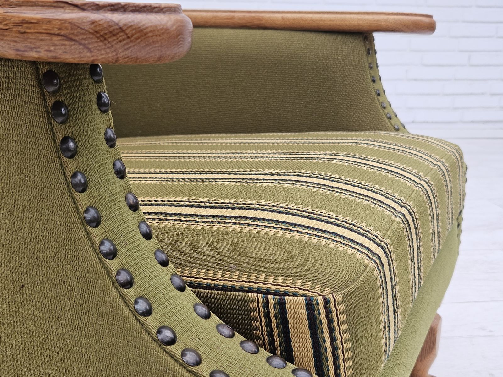 photo buy 1970s, Danish Highback Armchair, Wool, Oak, Original Very Good Condition.