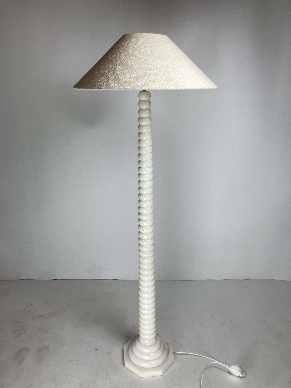 Lighting Midcentury French Alabaster Floor Lamp With Bouclé Shade, 1950s photo