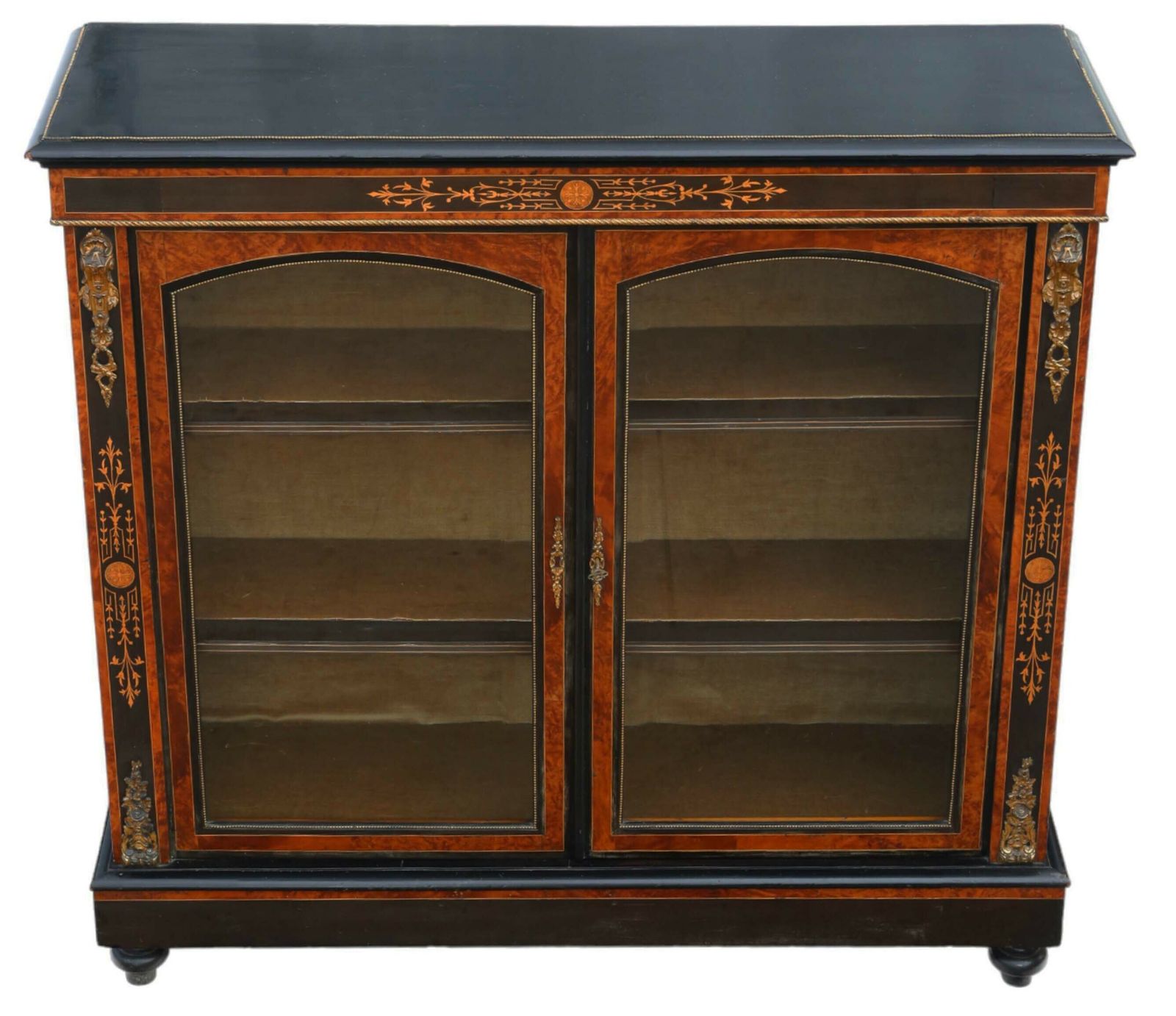 Antique C1880 Large Quality Inlaid Ebonised, Amboyna And Burr Walnut Pier Display Cabinet Asthetic 1880 photo for sale