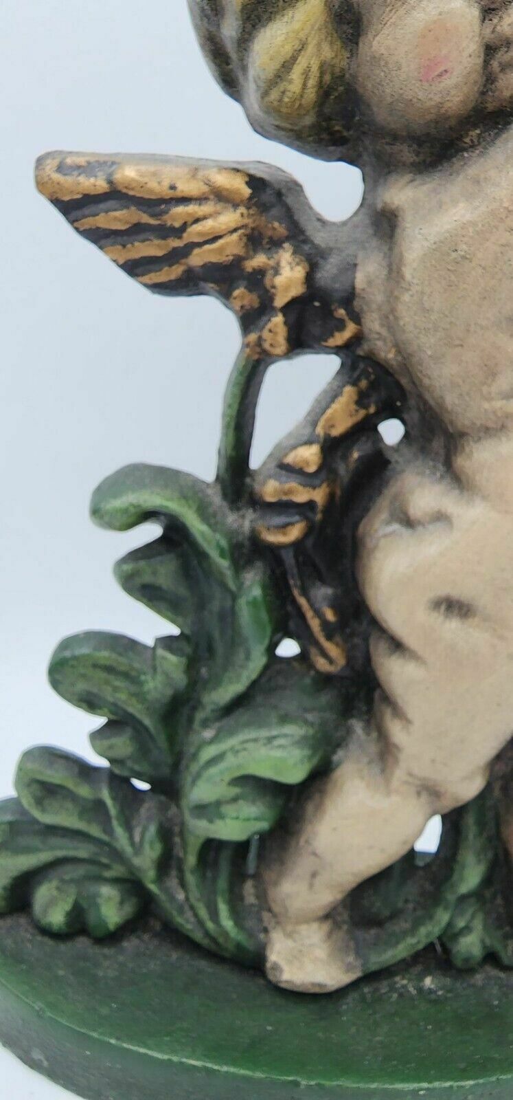 Antique Hand Painted Cast Iron Putti ,Cherub, Cupid Door Stop / Porter By Peerage Of England 16” Tall photo for sale