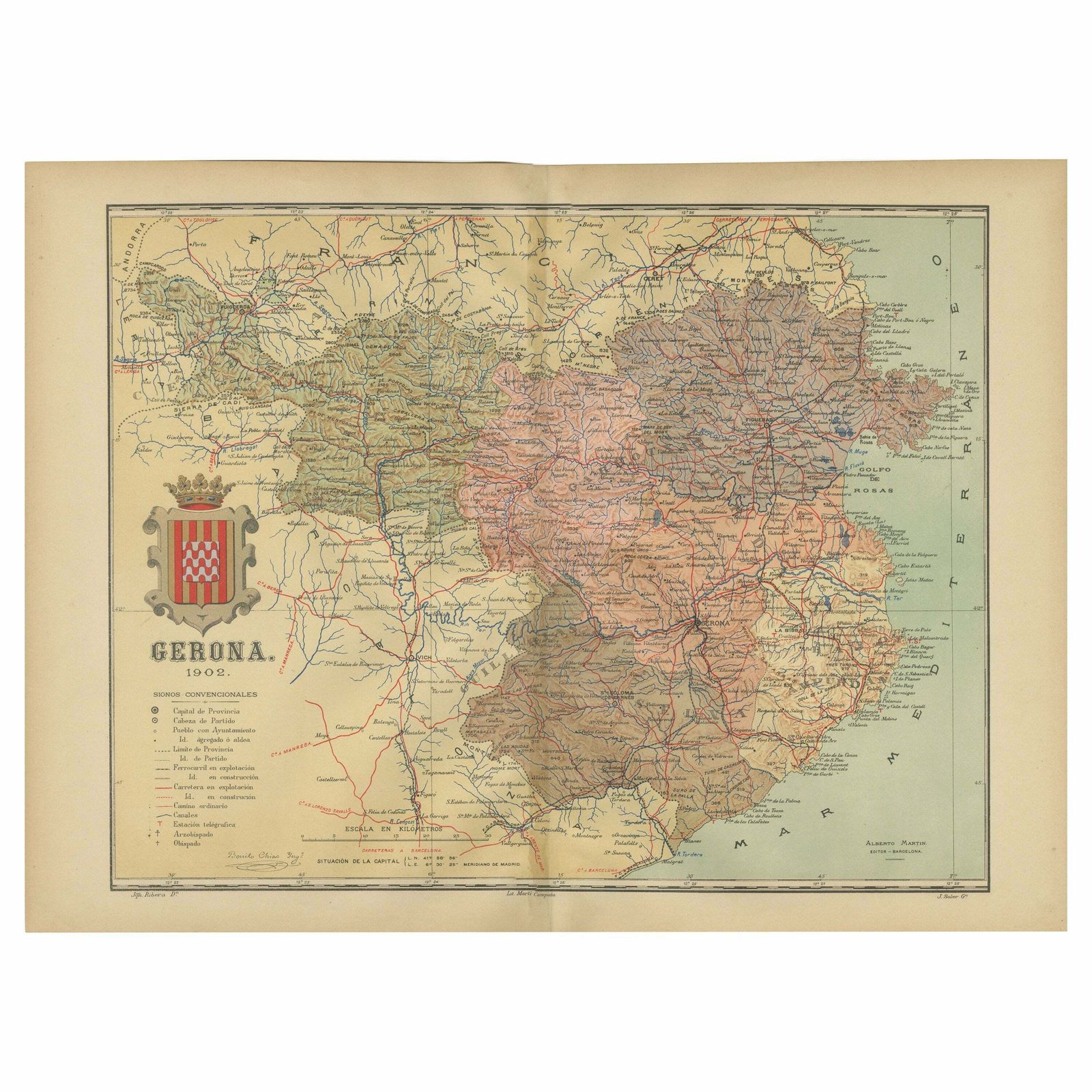 Girona 1902: Geographic And Infrastructural Map Of Catalonia’s Northern Province $430.64