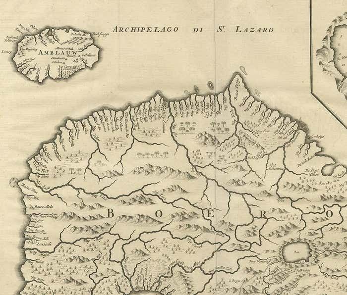 Antique Map Of Boero In Indonesia By Valentijn, 1726 photo for sale