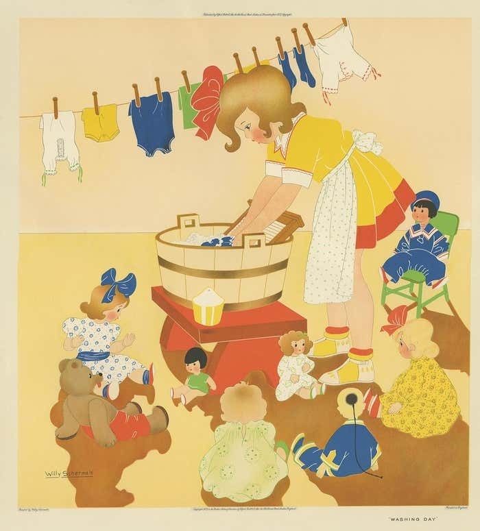 Antique Print 'Washing Day' By W. Schermelé, 1937 photo furniture