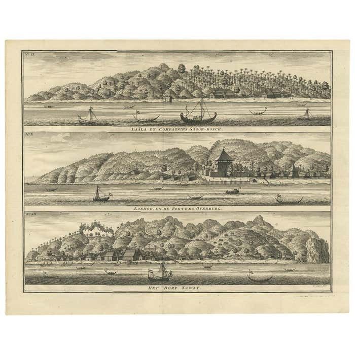 Antique Print With Three Views Of Ambon By Valentijn, 1726