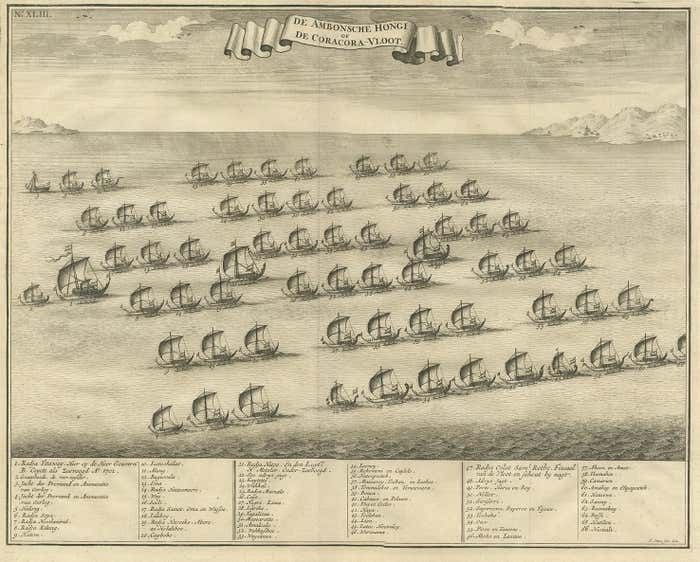 Antique Print Of The Hongi/Coracora Fleet By Valentijn '1726' photo furniture