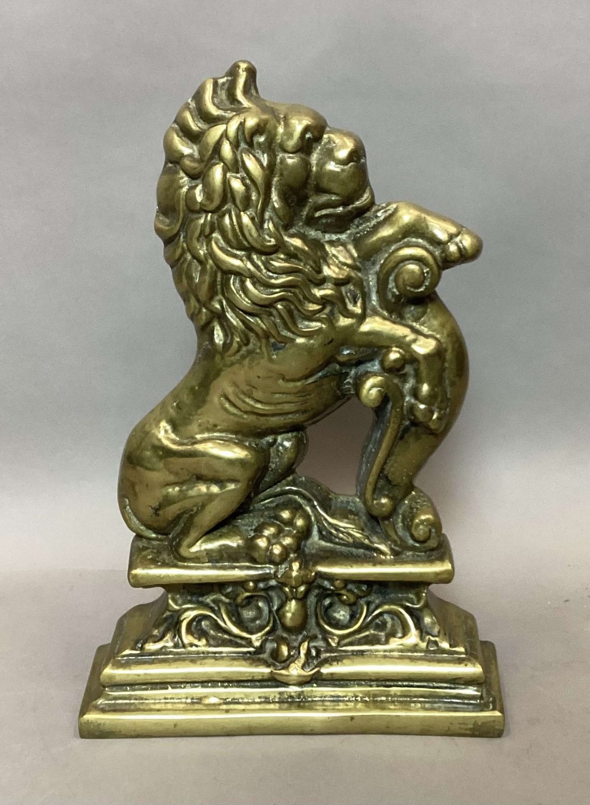 Rare C19th Pair Of Brass Lion Doorstops / Door Porters photo for sale