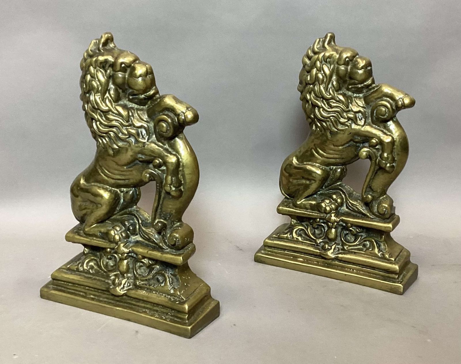 Rare C19th Pair Of Brass Lion Doorstops / Door Porters photo Home Fixtures