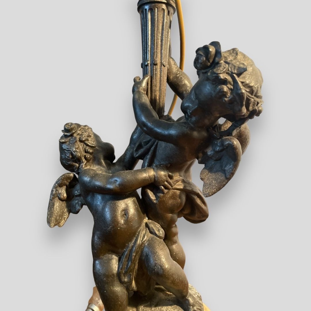 A Stunning Pair Of Cherub Lamps With Marble And Brass Bases photo for sale