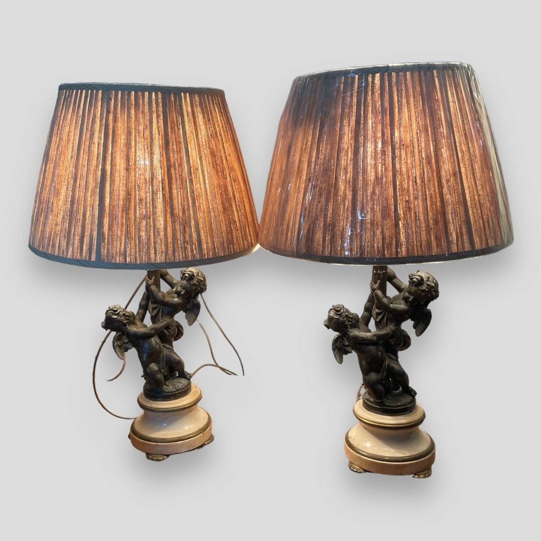 A Stunning Pair Of Cherub Lamps With Marble And Brass Bases photo vinterior