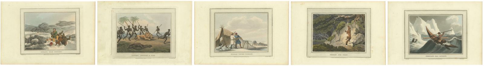 Hunting And Gathering Across Continents In A Collage Of Five Engravings, 1813 photo for sale