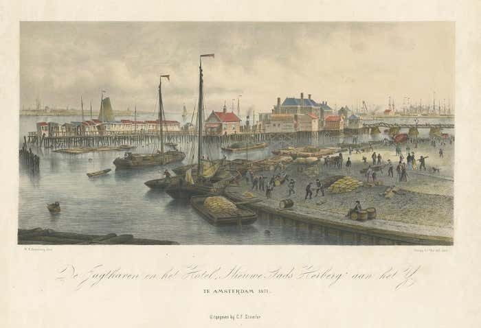 Antique Print Of The Harbour Of The Ij 'Amsterdam' By Stemler '1871' photo furniture