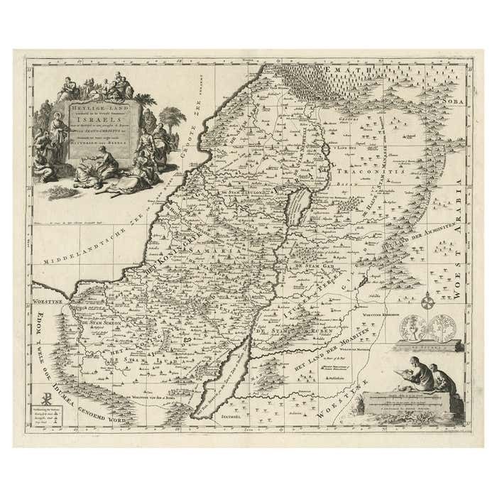 Highly Detailed Antique Map Of The Holy Land Showing 12 Tribes Of Israel, C.1720