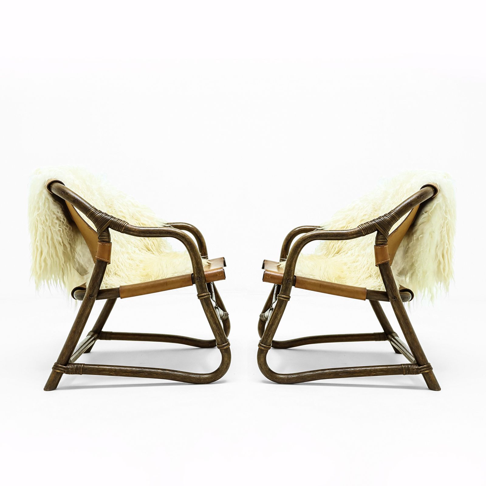 A Pair Of Vintage Sheepskin And Leather And Cane Easy Chairs Attributed To Rohe Noordwolde photo Furniture