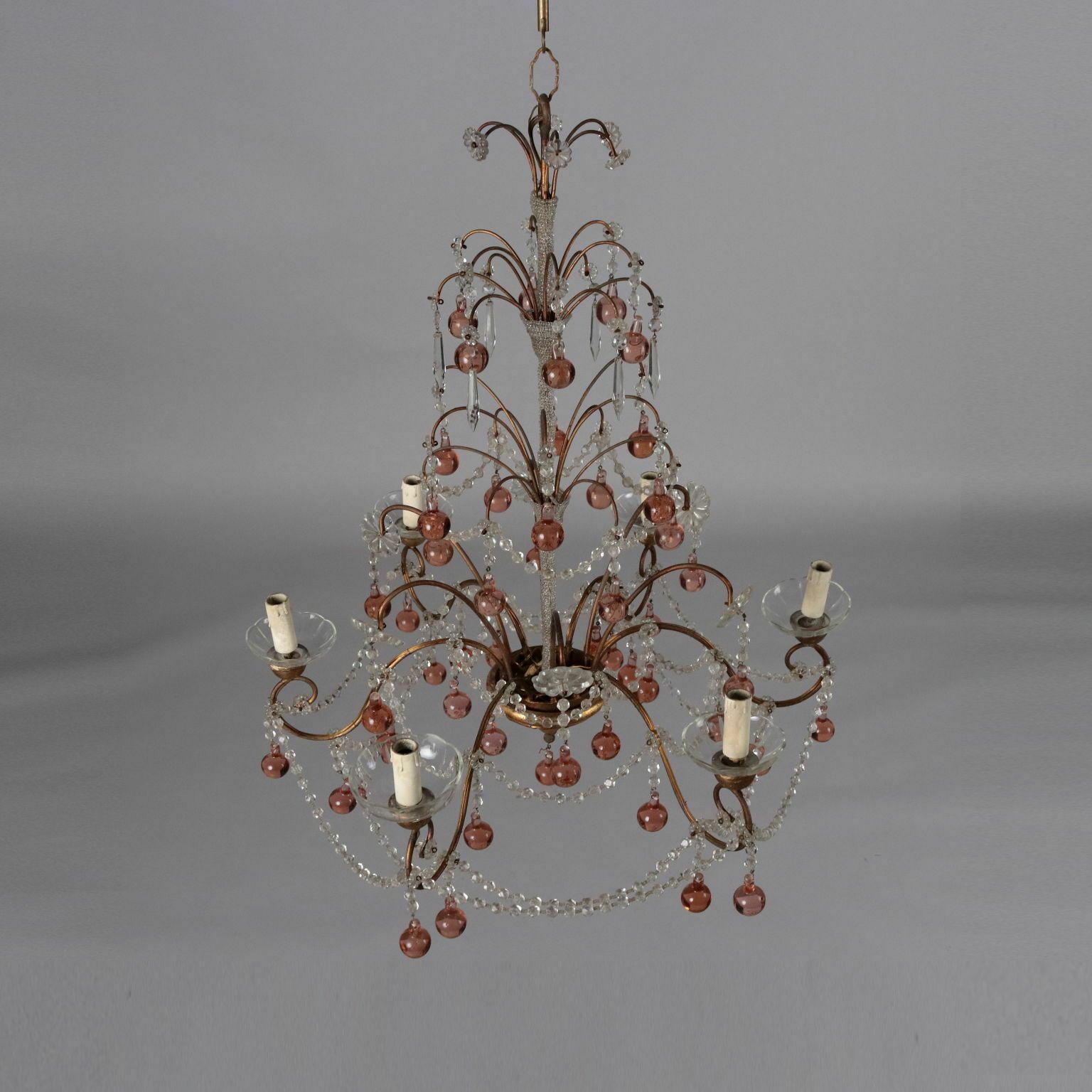 photo furniture Antique 6 Light Chandelier Metal Glass Italy XX Century