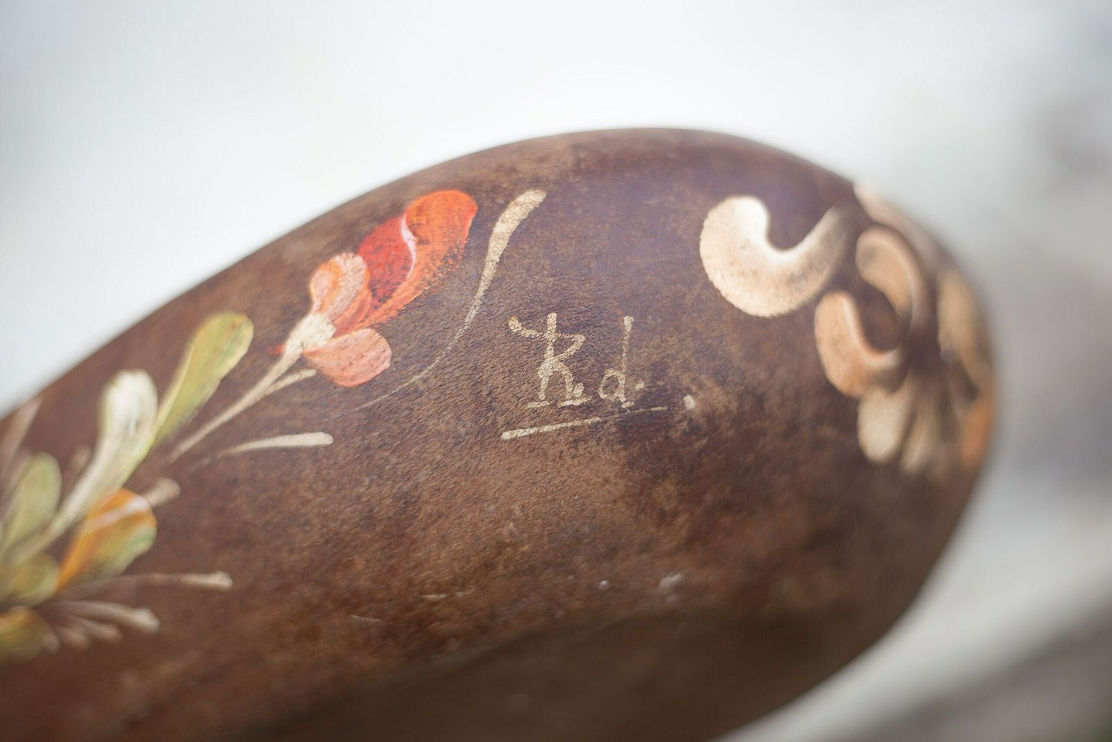 photo for sale Vintage Wooden Basket, Wooden Basket With Flower Patterns, Hand Painted Signed, Kitchen, Fruit Bowl, Table Center
