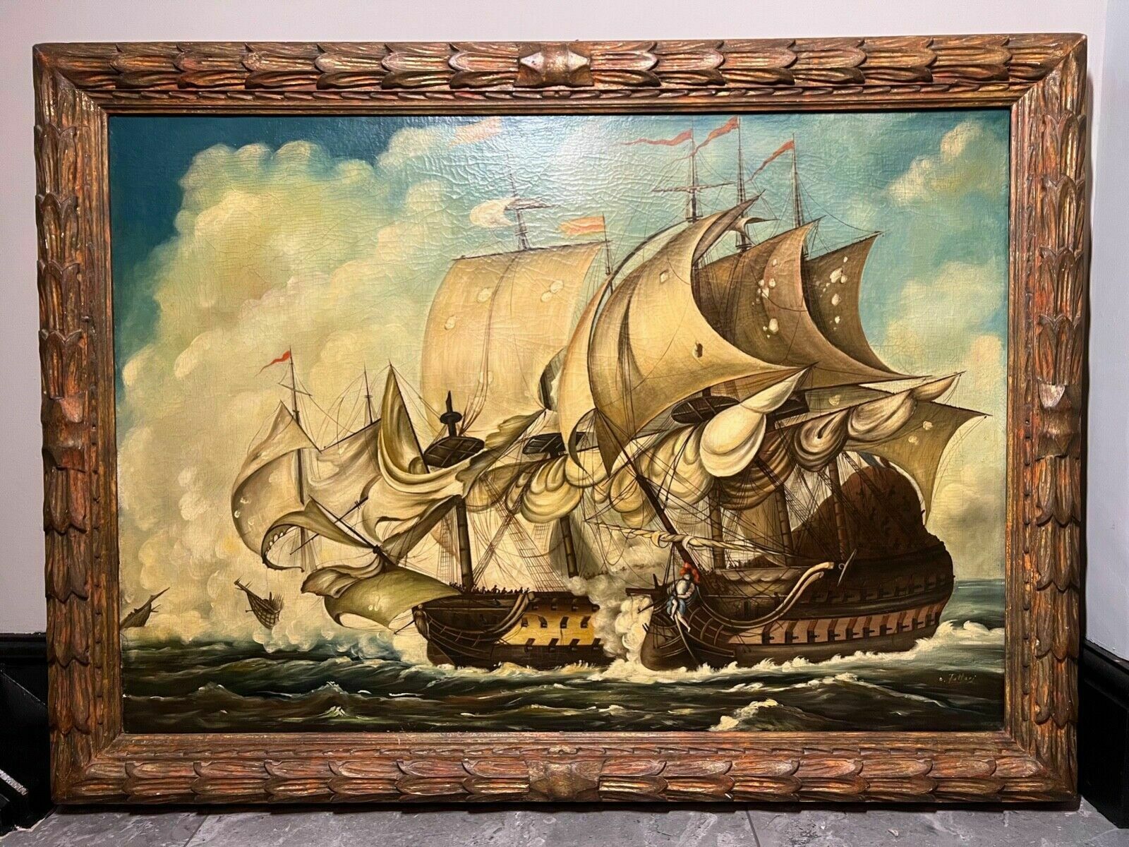Large 19th Century Italian School Dino Fattori Man O War Battleship Oilpainting photo furniture