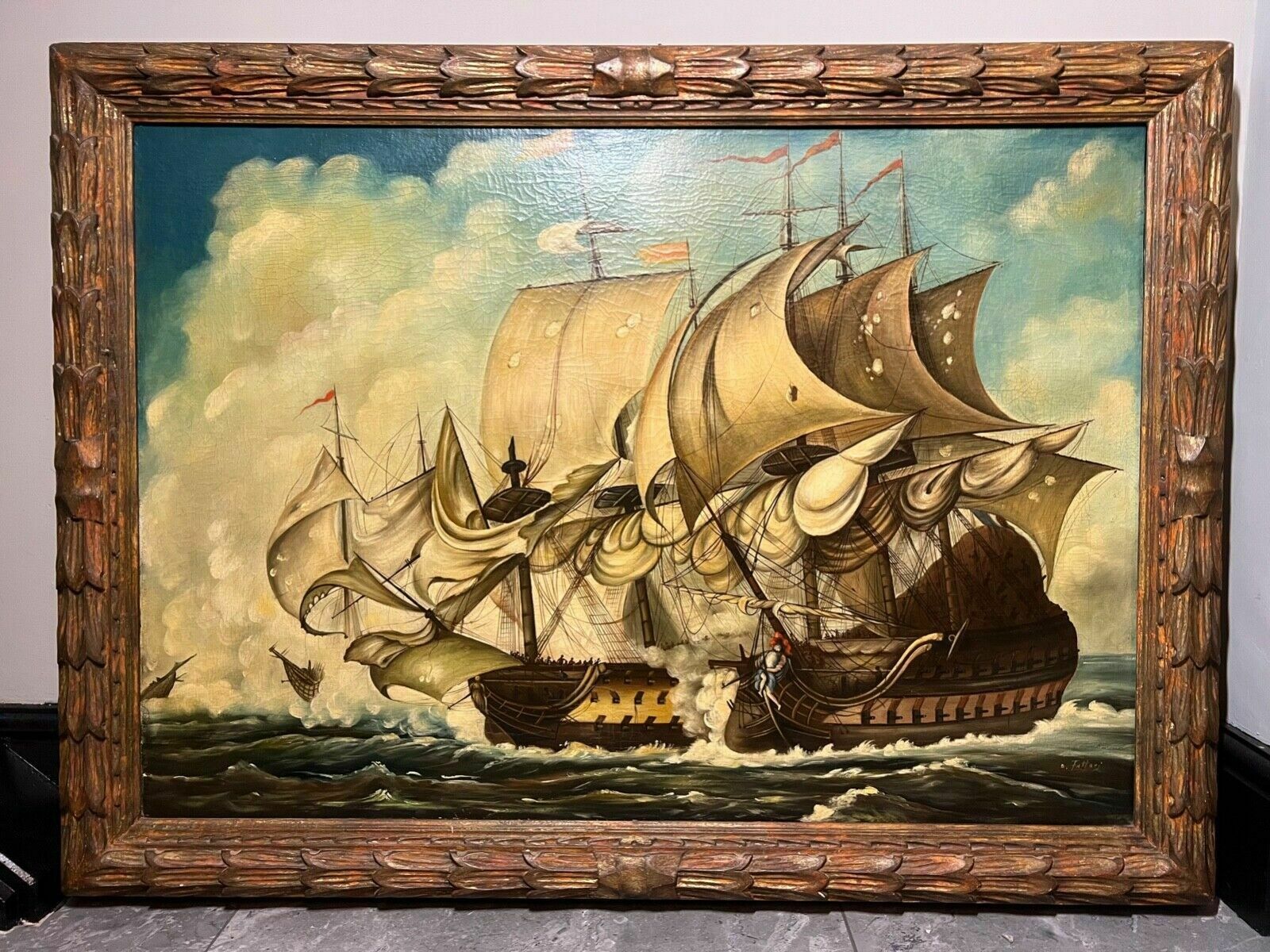 Large 19th Century Italian School Dino Fattori Man O War Battleship Oilpainting photo for sale