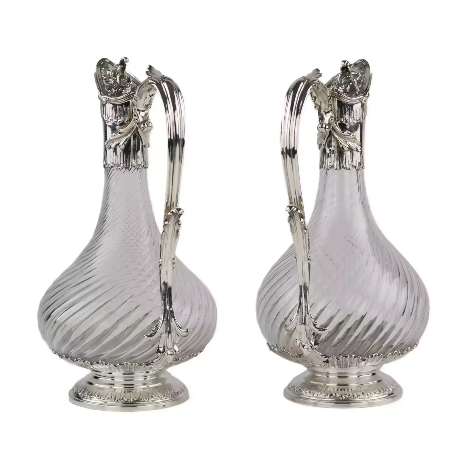 Pair Of French Spiral Glass Wine Jugs With Silver Late 19th Century photo 2617.0