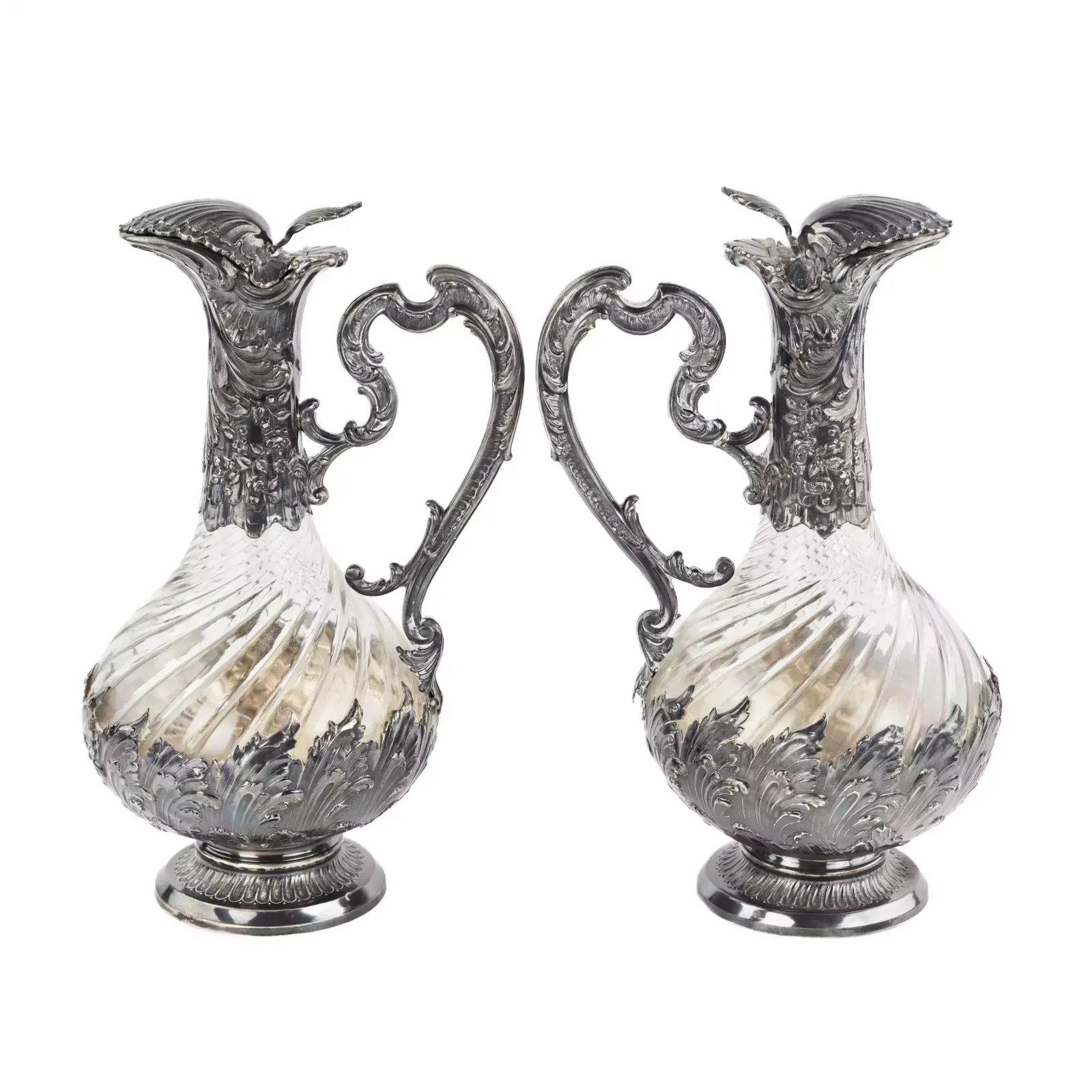 Frangiere & Laroche. Pair Of French Glass Wine Jugs In Silver From The 1880s.