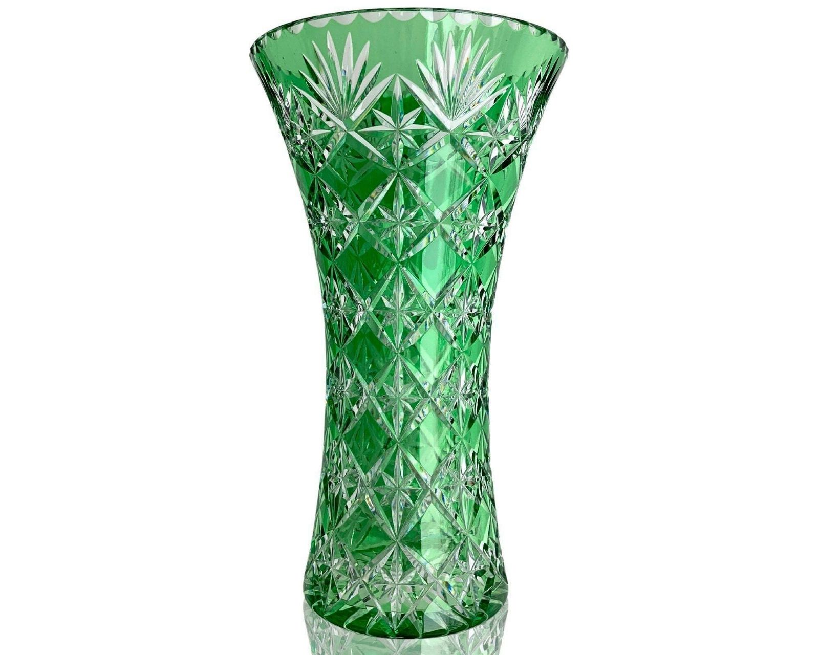 Tall Crystal Green Vase | 15.55" Tall (39.5cm) | Spectacular Hand Cut Piece