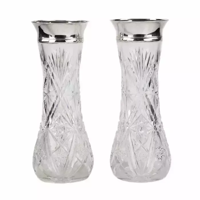 Pair Of Crystal Vases With Silver Trim. Russia. Riga. 1908  1920. photo Home Decor