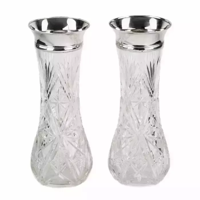 Pair Of Crystal Vases With Silver Trim. Russia. Riga. 1908  1920. photo 1389.0