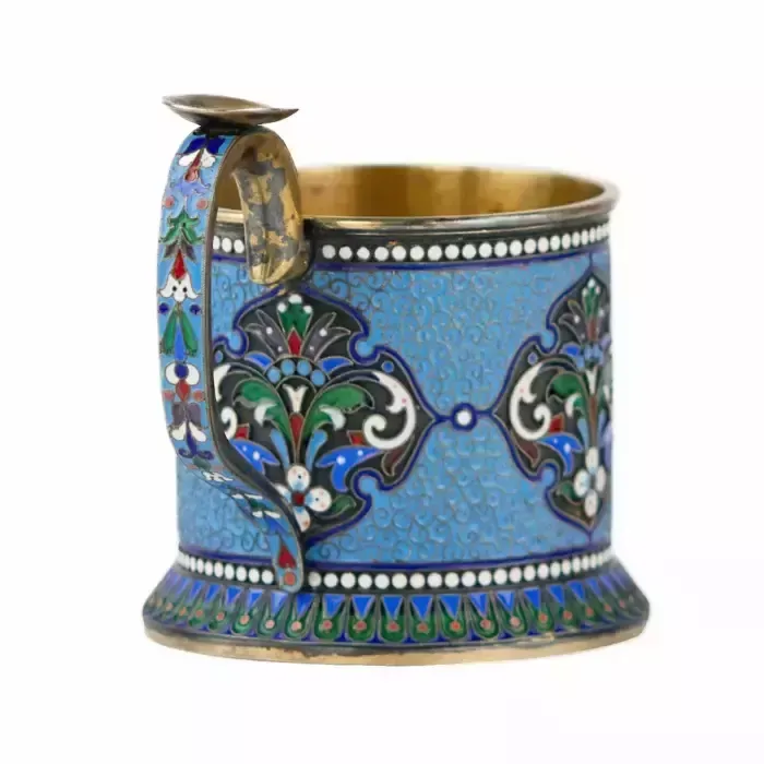 Silver Glass Holder In Neo Russian Style With Cloisonné Enamel And Gilding. Lyubavin. End Of The 19th Century. photo for sale