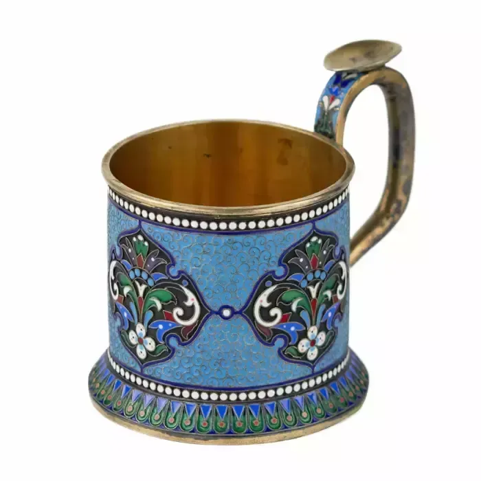Silver Glass Holder In Neo Russian Style With Cloisonné Enamel And Gilding. Lyubavin. End Of The 19th Century. photo vinterior
