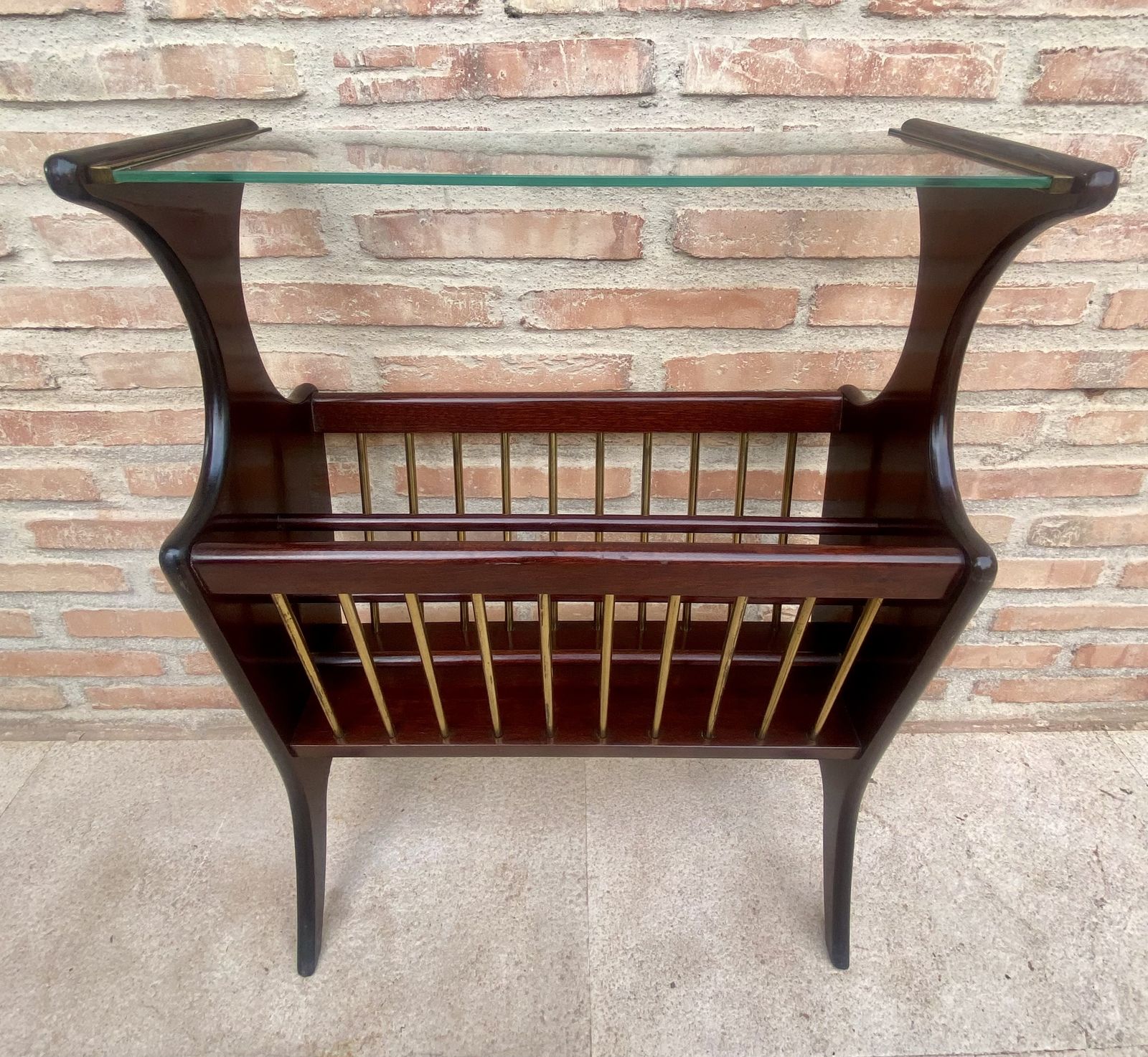1950s French Mid Century Glass & Wood Folio Stand Magazine Rack