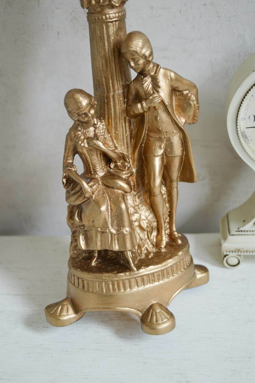 Rare Vintage Gold Victorian Man And Lady Table Lamp 1960s 4 Footed Ornate Figurines Night Light photo vintage