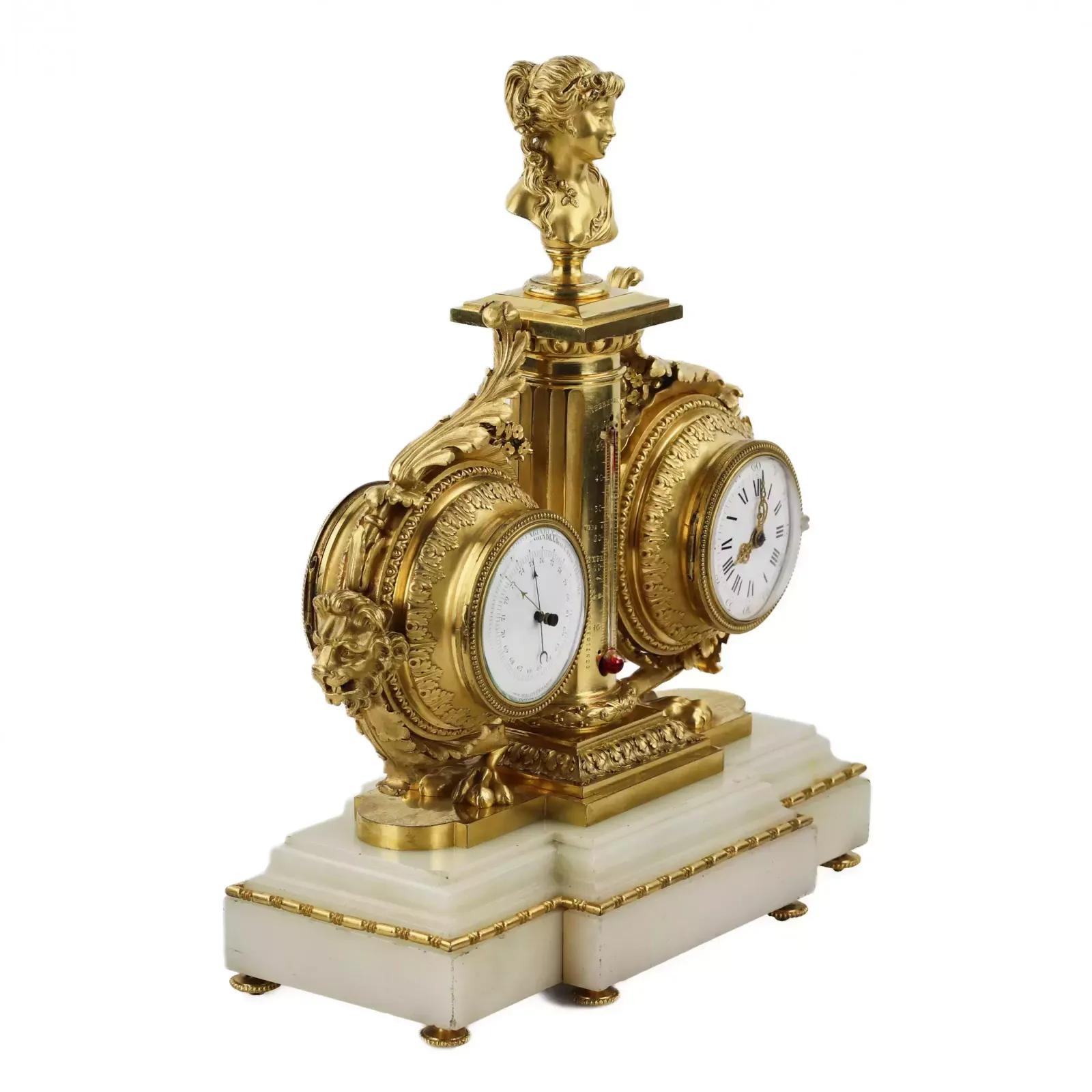 Tabletop Instrument In White Marble Gilded Bronze With Clock Thermometer And Barometer 19th Century photo vinterior