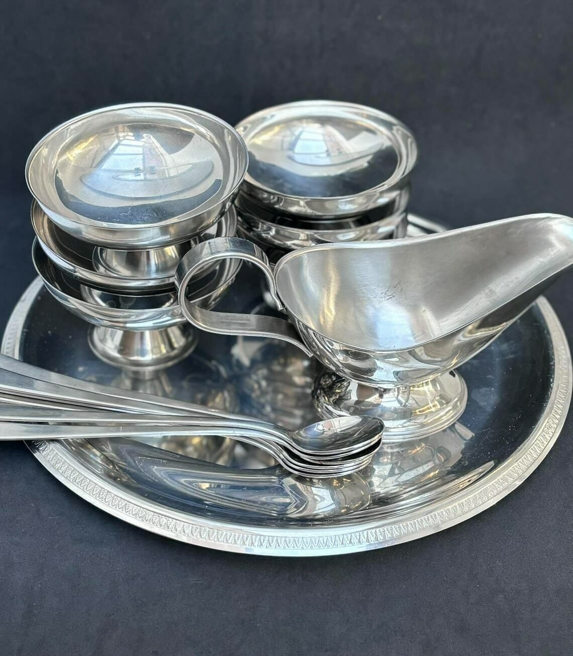Ice Cream Set 6 Cups Stainless Steel Sauce Boat Vintage Dessert Bowl, Sorbet Cup Garden Party Table Gift To Her Christmas Table Wedding Gift photo buy