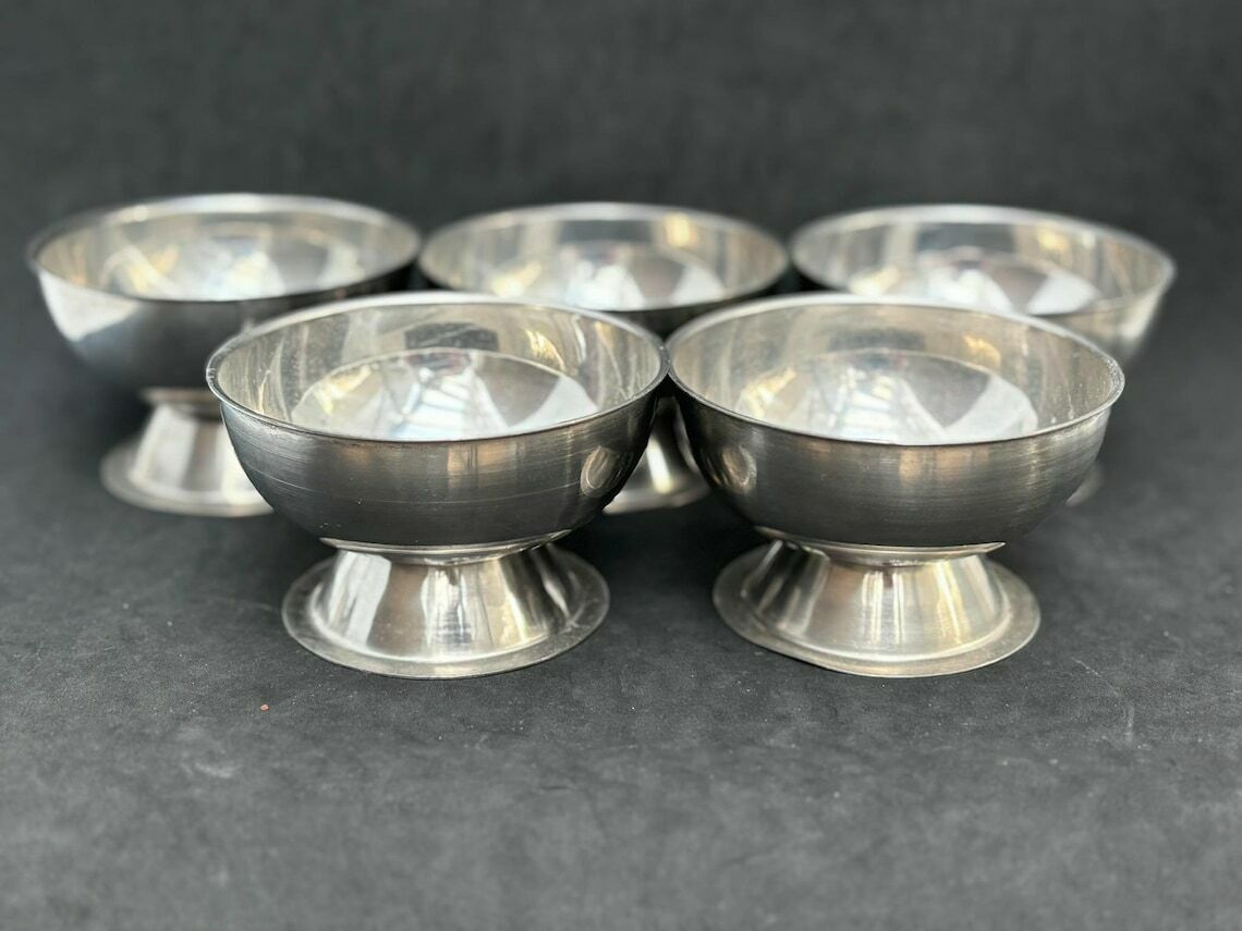 Ice Cream Set 5 Cups, Sauce Boat And 5spoons Vintage French Metal As New, Mom Gift Hostess Wedding Gift Cream Bowl Fruit Salad Footed photo for sale