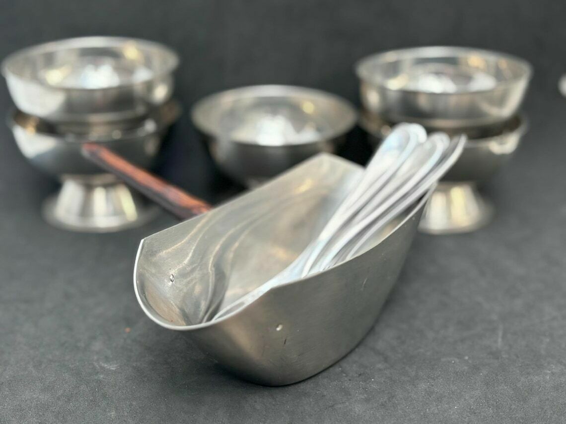 Ice Cream Set 5 Cups, Sauce Boat And 5spoons Vintage French Metal As New, Mom Gift Hostess Wedding Gift Cream Bowl Fruit Salad Footed photo Home Decor