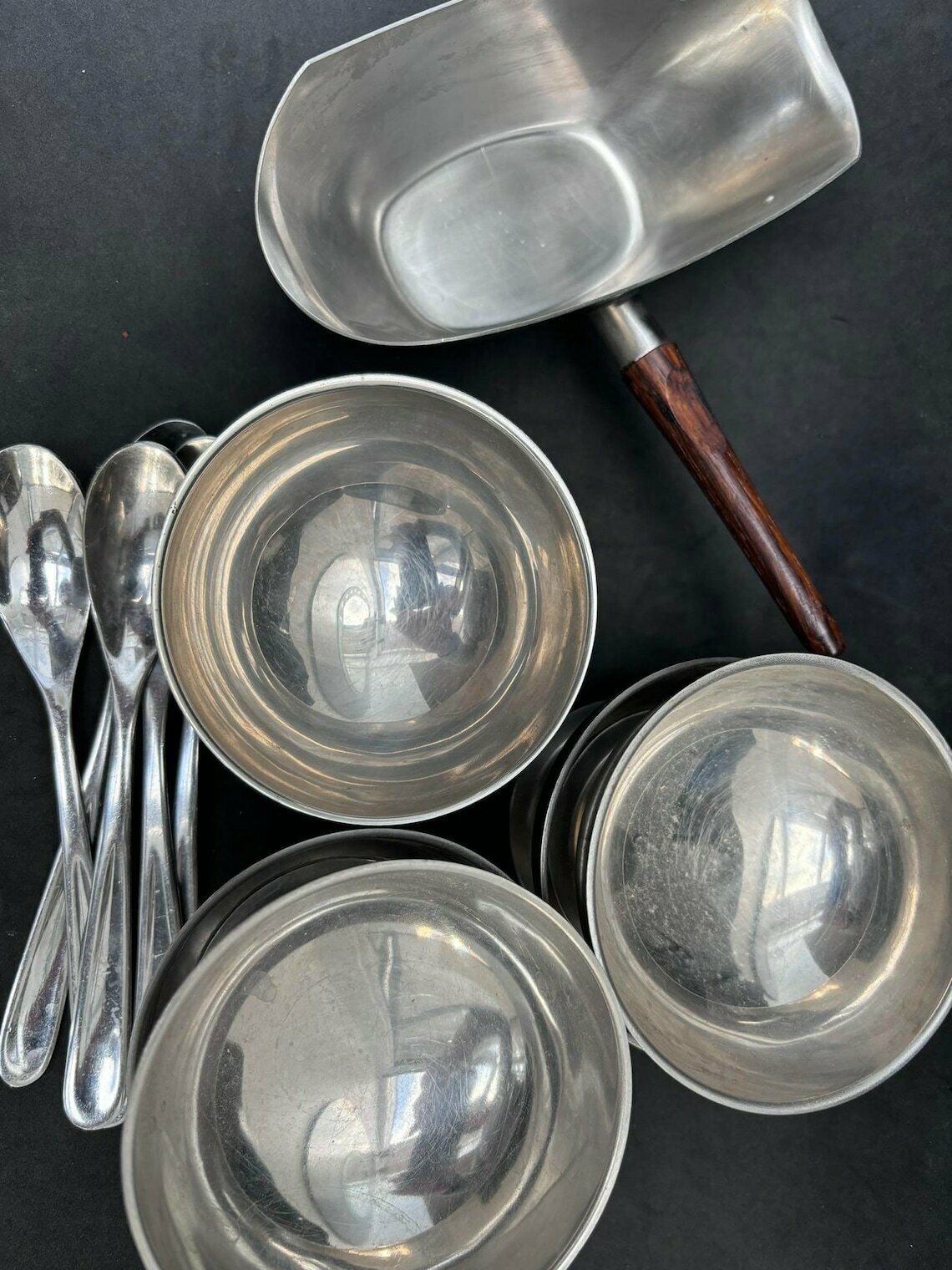 Ice Cream Set 5 Cups, Sauce Boat And 5spoons Vintage French Metal As New, Mom Gift Hostess Wedding Gift Cream Bowl Fruit Salad Footed photo vinterior