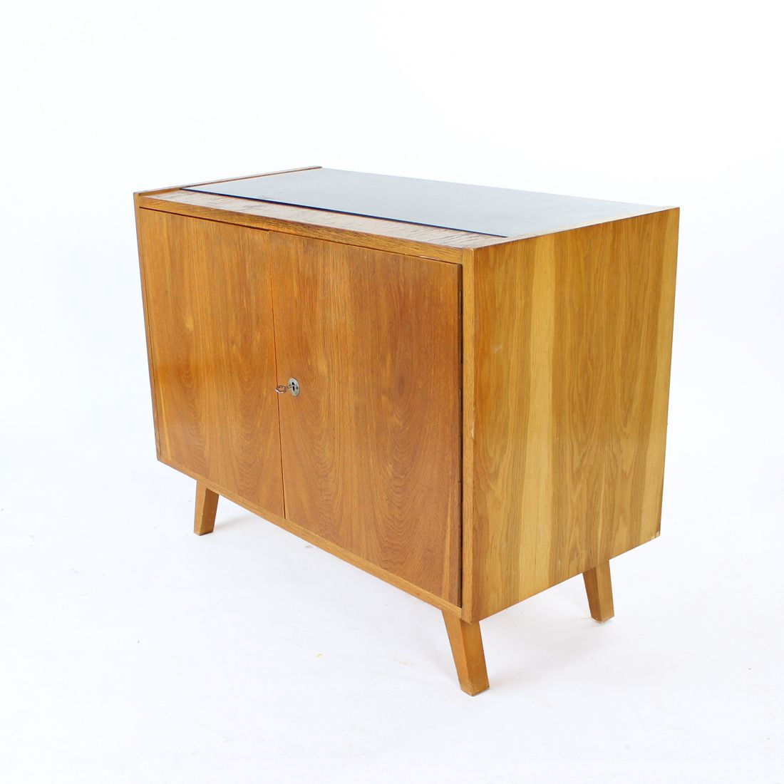 Mid Century Sideboard In Oak & Black Glass, Czechoslovakia 1960s photo vintage