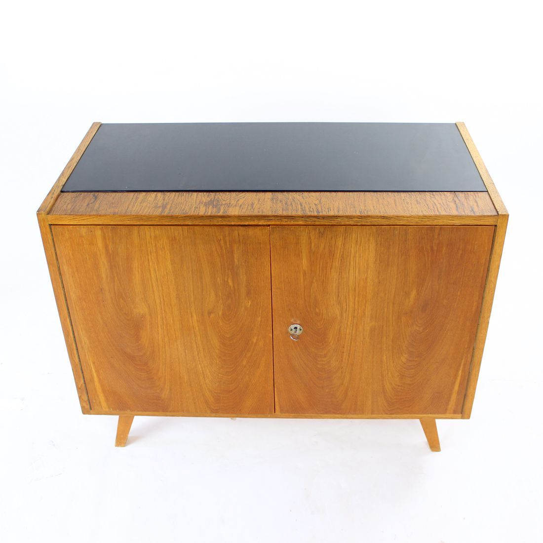 Mid Century Sideboard In Oak & Black Glass, Czechoslovakia 1960s