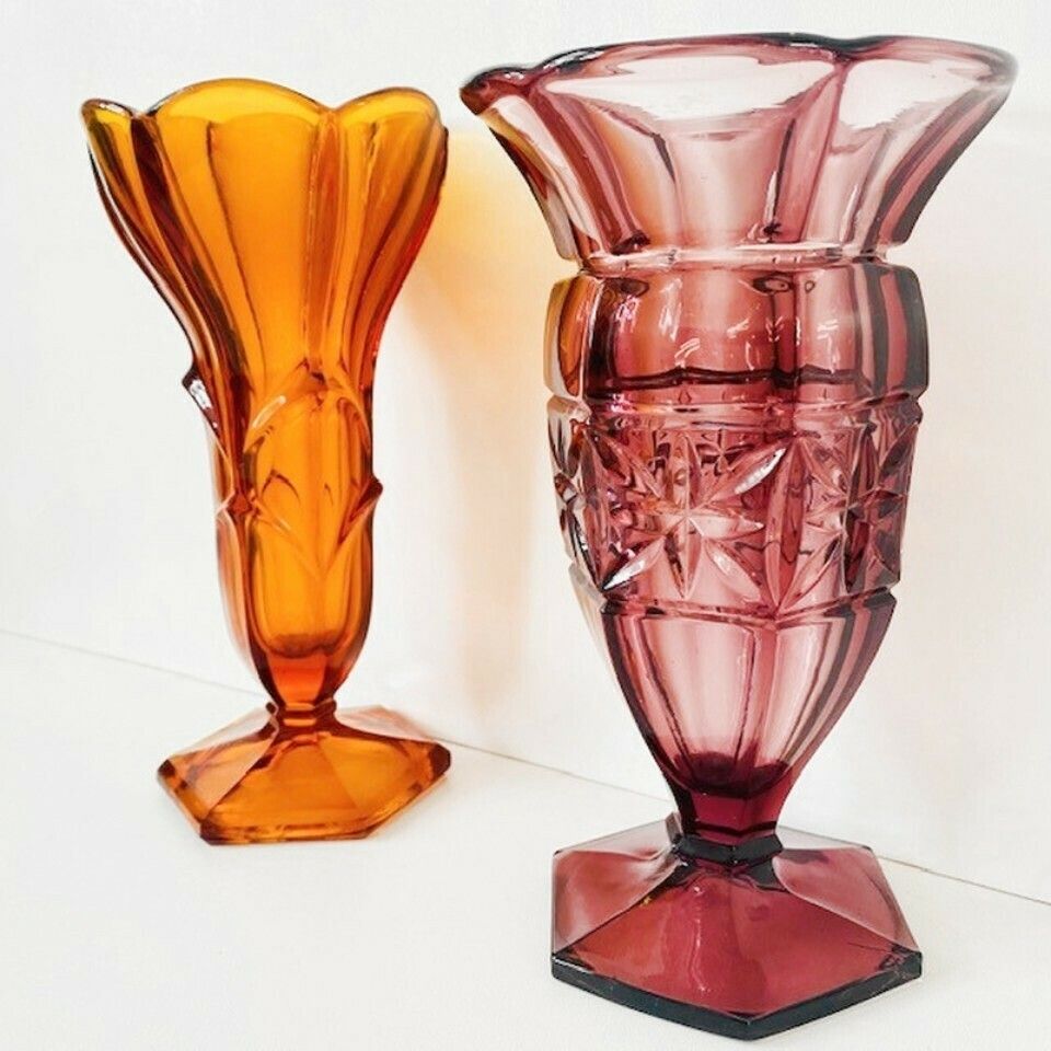 Set Art Deco Vases Bohemian Glass 1930's Stolzle Purple Amber photo 266.0