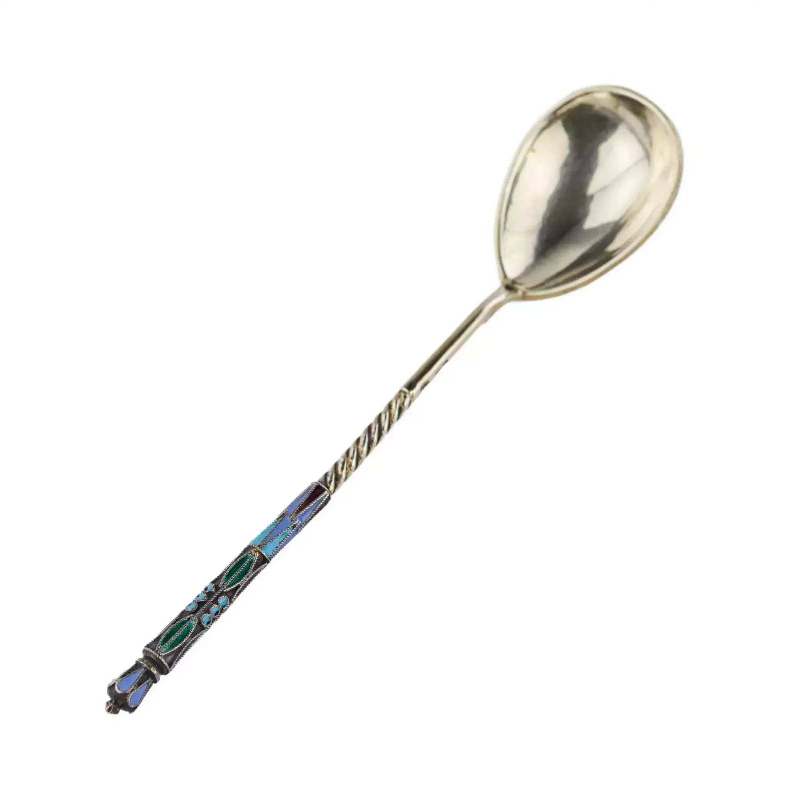 photo furniture Silver Glass Holder With A Spoon Decorated With Cloisonne Enamel. Moscow 1908 1917.