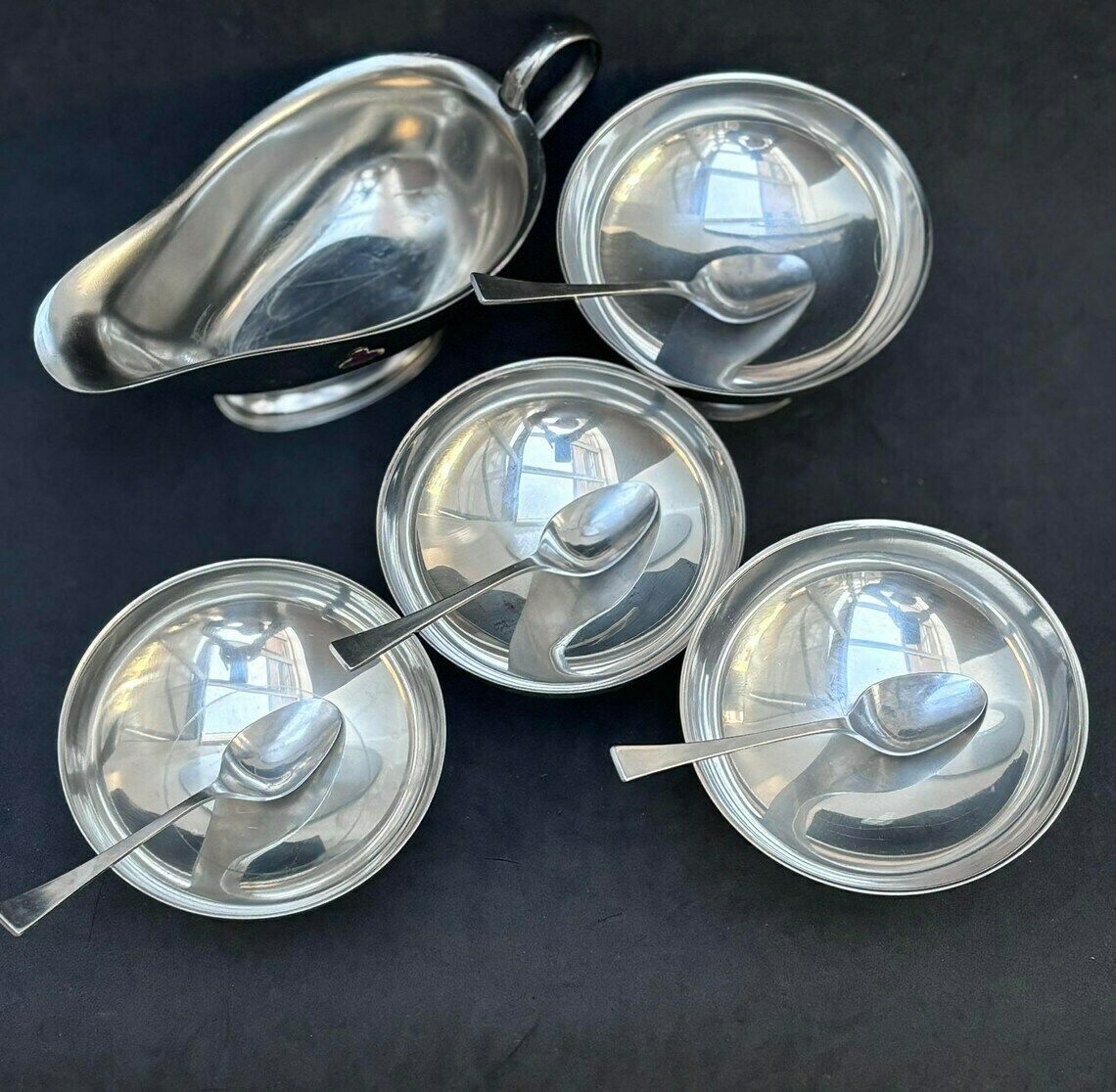 Ice Cream Set 4 Cups, Sauce Boat And 4 Spoons Vintage French Metal As New, Mom Gift Hostess Wedding Gift Cream Bowl Fruit Salad Footed photo furniture