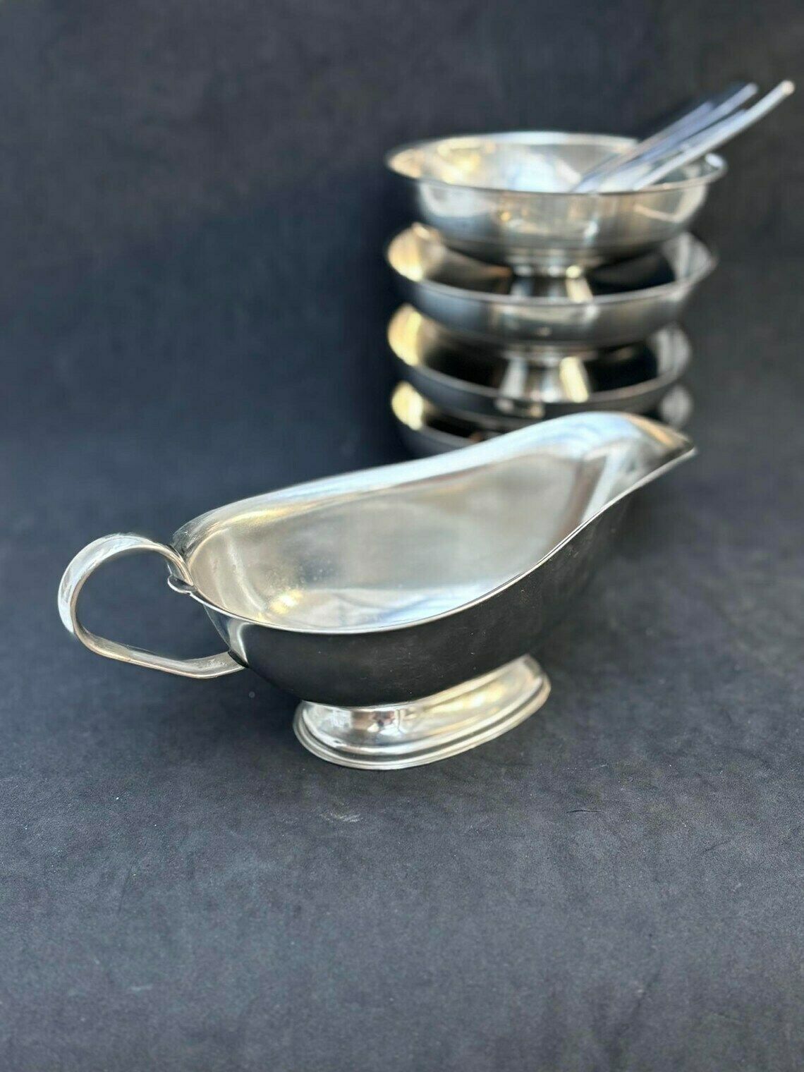 Ice Cream Set 4 Cups, Sauce Boat And 4 Spoons Vintage French Metal As New, Mom Gift Hostess Wedding Gift Cream Bowl Fruit Salad Footed photo vintage