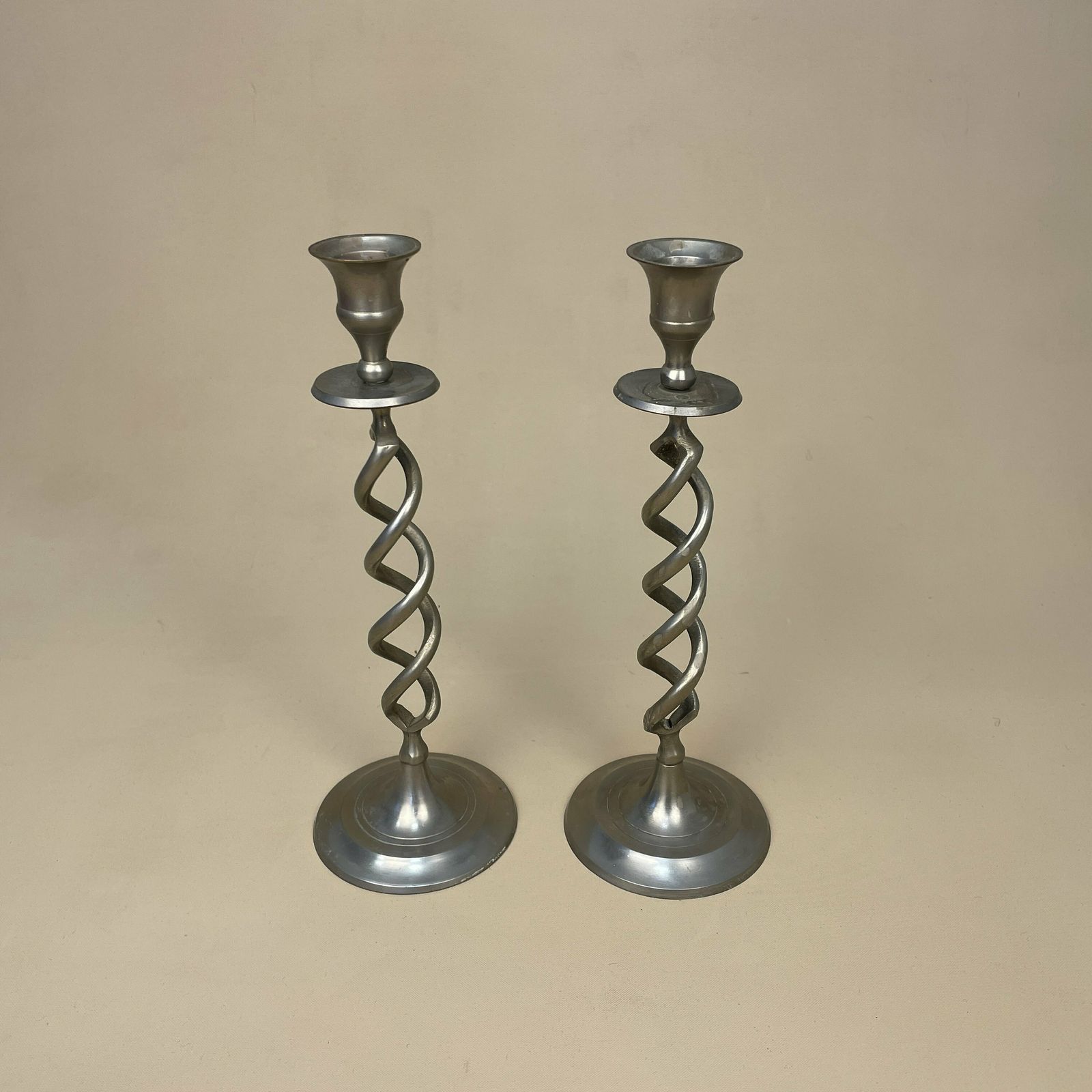 Antique Matching Pair Of Twisted Silver Metal Candlestick Candle Stick Vintage Column Taper Dinner Candlesticks Twist Set Round Aged photo furniture