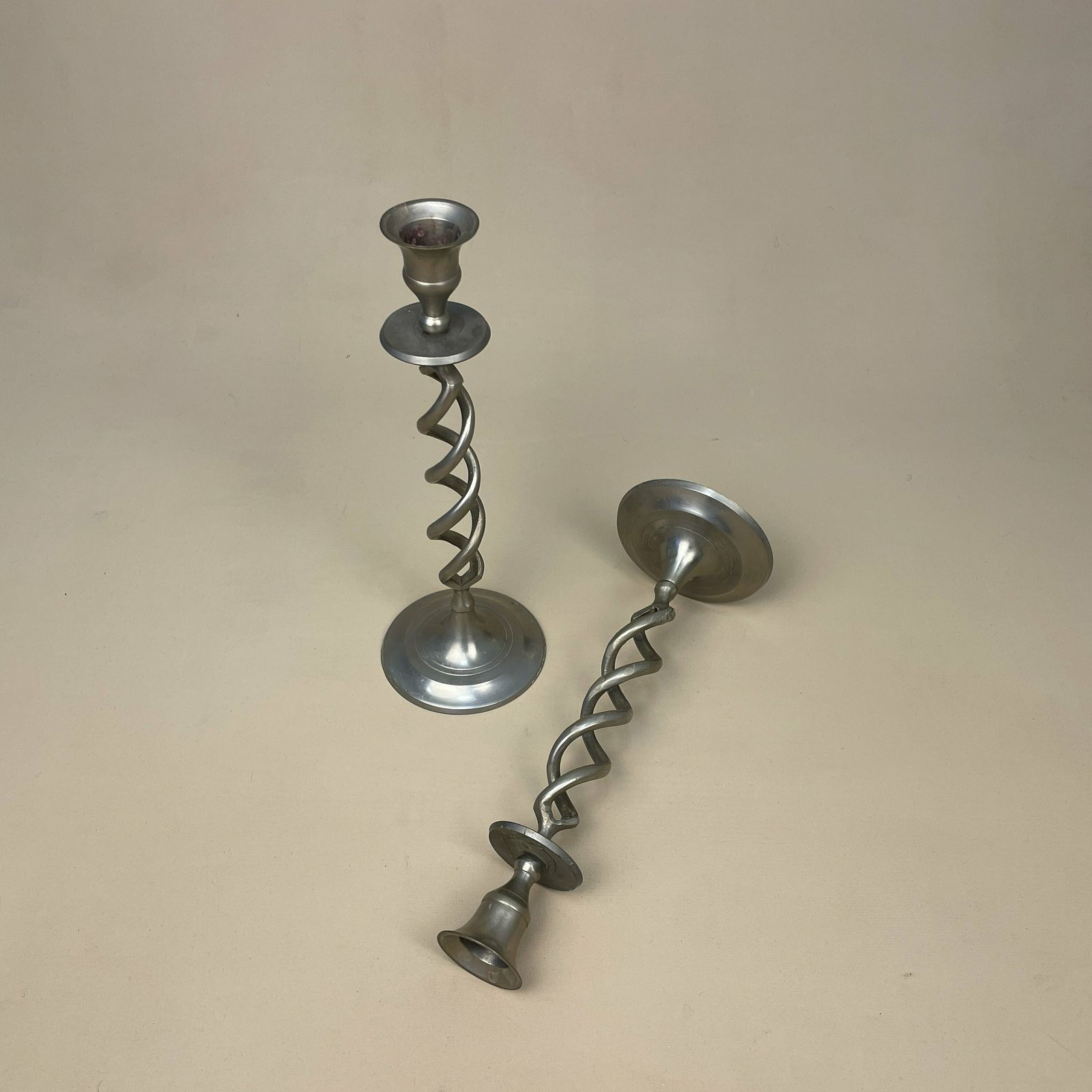 Antique Matching Pair Of Twisted Silver Metal Candlestick Candle Stick Vintage Column Taper Dinner Candlesticks Twist Set Round Aged photo for sale