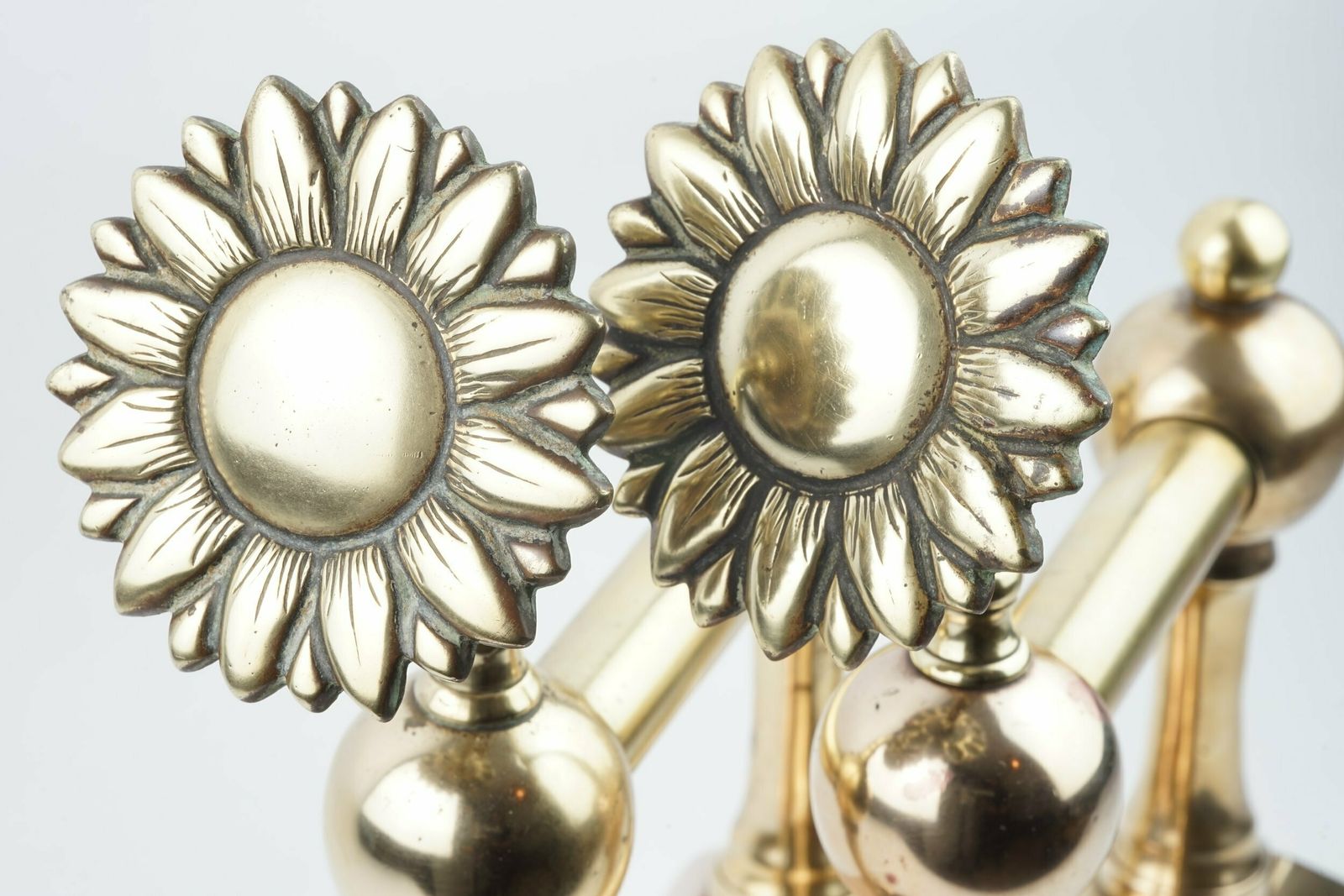 A Pair Of Aesthetic Movement Sunflower Brass Fire Dogs, Circa 1875 photo buy
