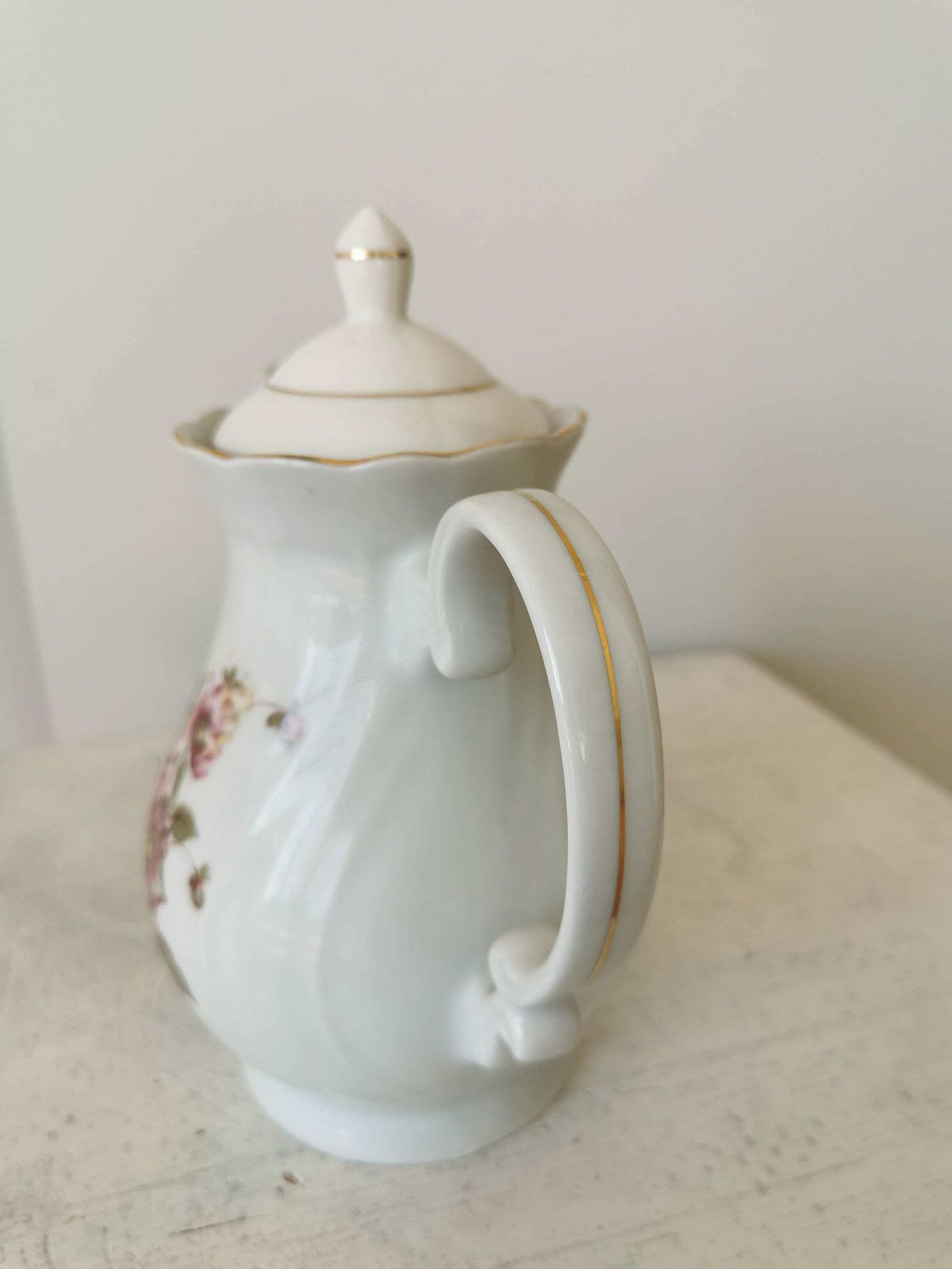 Vintage Royal White Teapot With Rose Moss Motive With Lid And Handle / Japan Porcelain Ceramics / Gold Pink Details Coffee Pot 1960s photo buy
