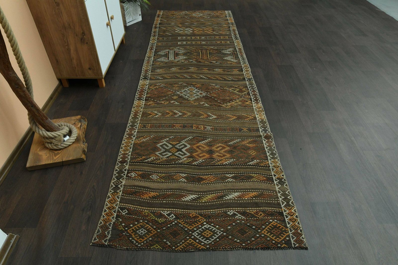 Brown Orange Turkish Vintage Rug, Handmade Oushak Wool Rug, Hallway Rug, Kitchen Rug, Runner Rug, Stair Decor Runne photo for sale